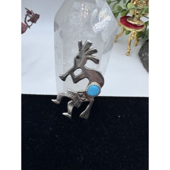 VINTAGE NATIVE AMERICAN STERLING KOKOPELI TURQUOISE BROOCH PENDANT - Signed LL - Picture 1 of 13